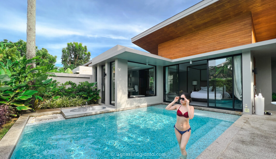 Asian female in bikini at private pool villa